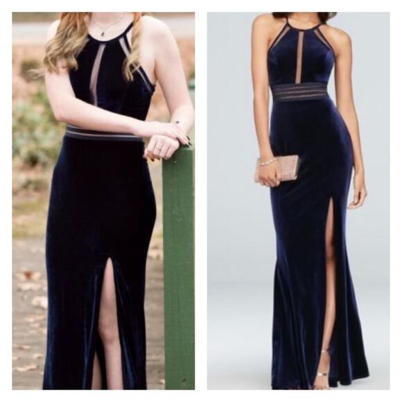 City Triangle navy blue velvet 90s prom dress size 15 side slit always in style - Picture 1 of 8